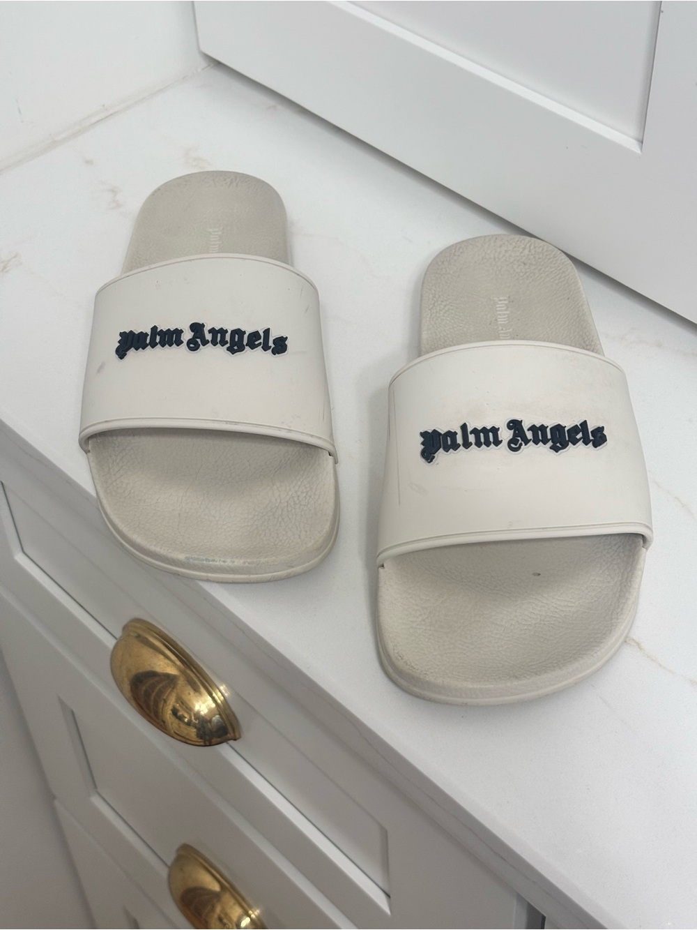 Palm Angels Logo Slide Sandals Cream White Black Size 39 Designer Pool Slides